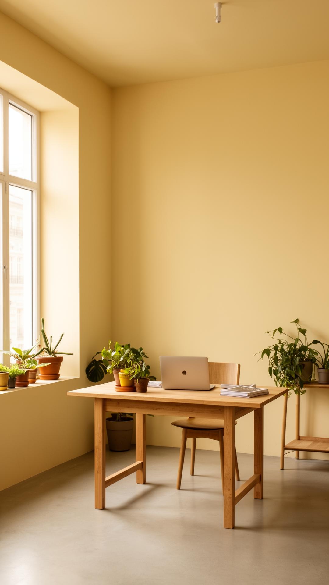 WebForge studio interior — warm cream walls, wooden desk, plants, soft daylight